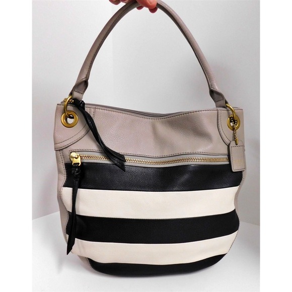 Fossil Karli Gray Black White Stripe Leather Hobo Shoulder Bag - Picture 1 of 8